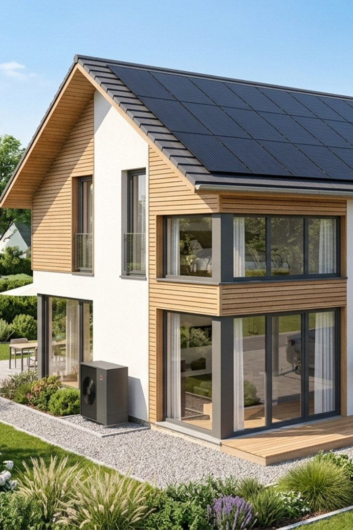 Haus mit Wärmepumpe und PV-Anlage